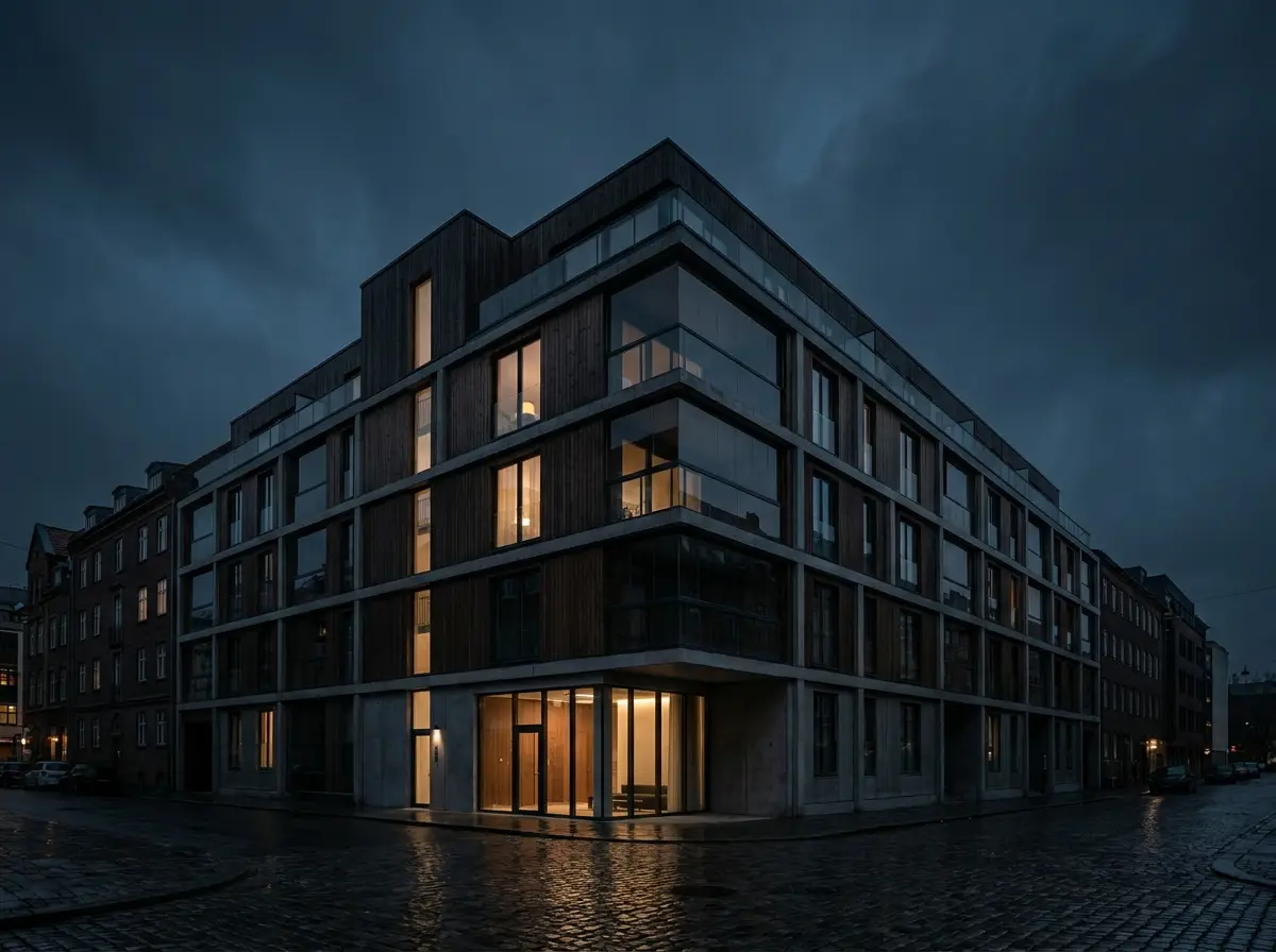 Modernes Wohngebäude in der Abenddämmerung