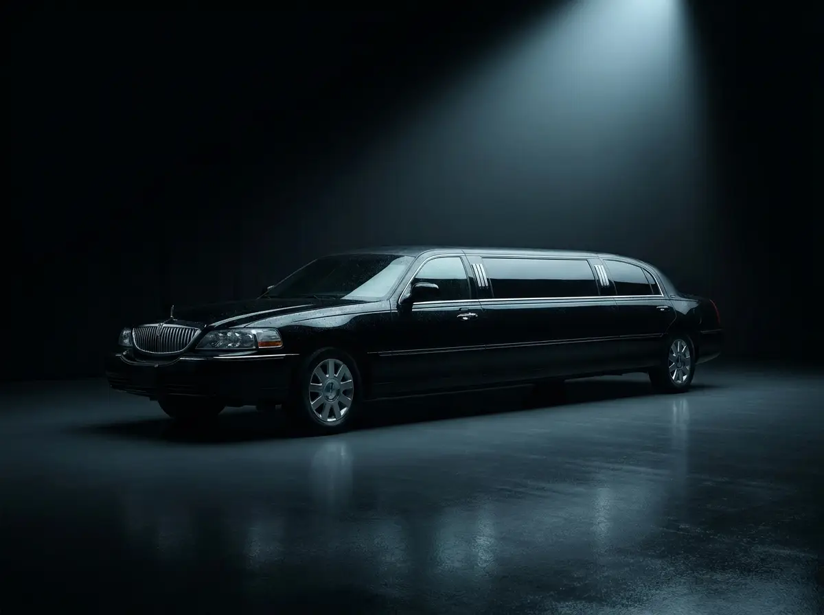 Schwarze Luxus-Stretchlimousine im dunklen Studio