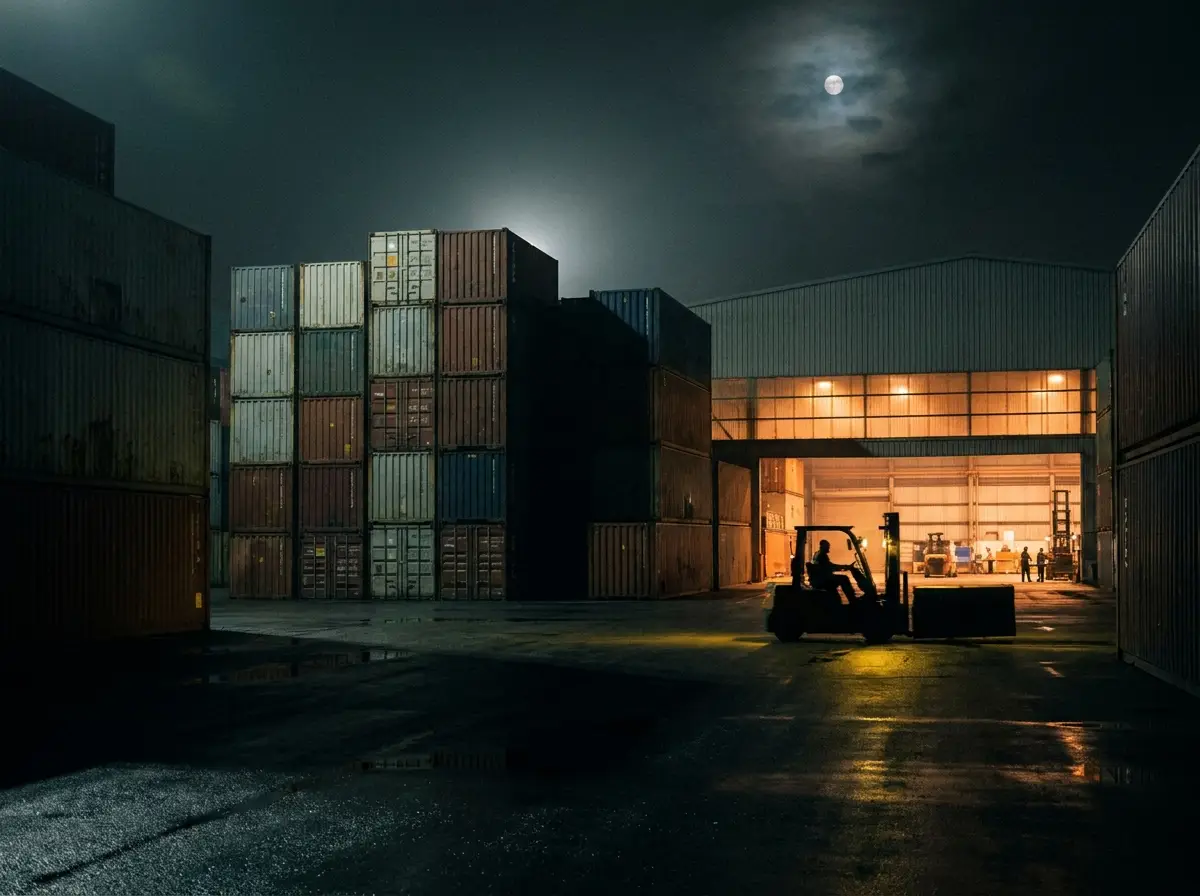 Internationales Logistikzentrum bei Nacht mit Containern und Lagerhalle