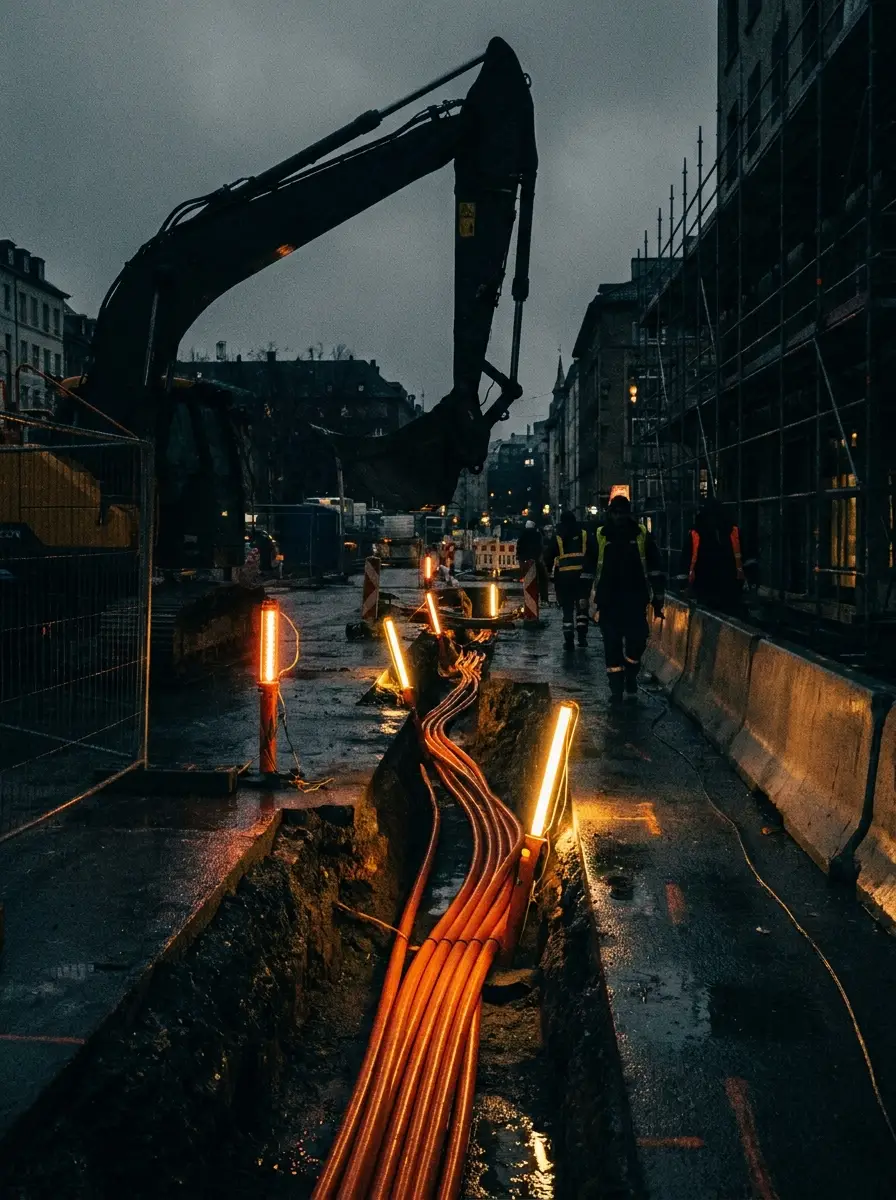 Baustelle bei Nacht mit offenem Kabelgraben